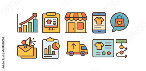 Ecommerce essentials icon set. shopping, business growth icons flat style collection
