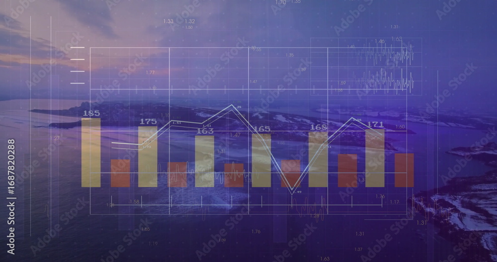 Naklejka premium Displaying translucent data overlaying coastal dawn scene, with colored bars and white line graph