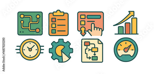 Business, technology outline icon set. graphs, process, management icons outline collection