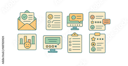 Feedback survey flat icon set. customer review, evaluation, rating, questionnaire icons