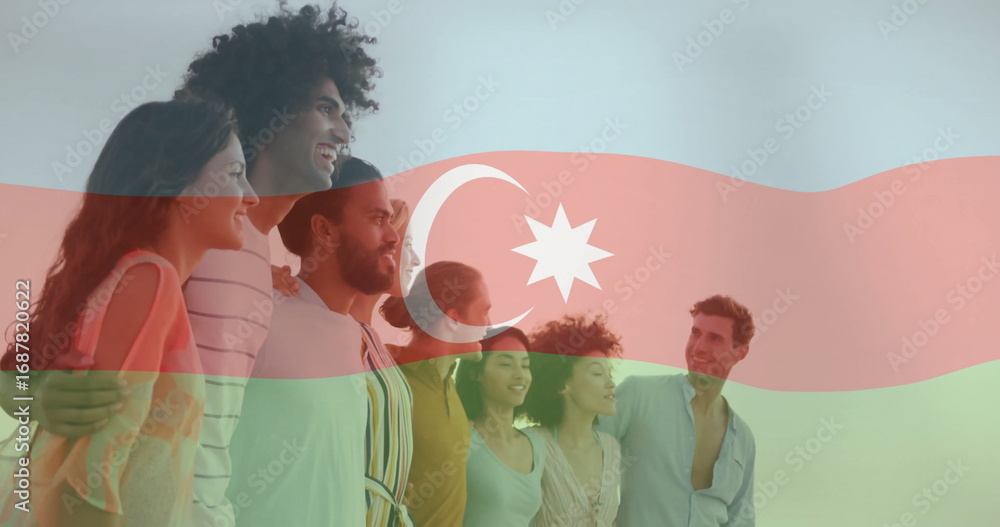 Obraz premium Linking arms and smiling group of eight adults with Azerbaijan flag overlay in studio