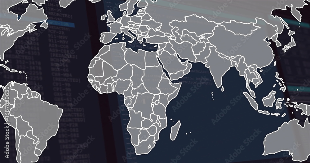 Fototapeta premium Displaying outlined world map over blurred code lines on cybersecurity UI, with redacted markers