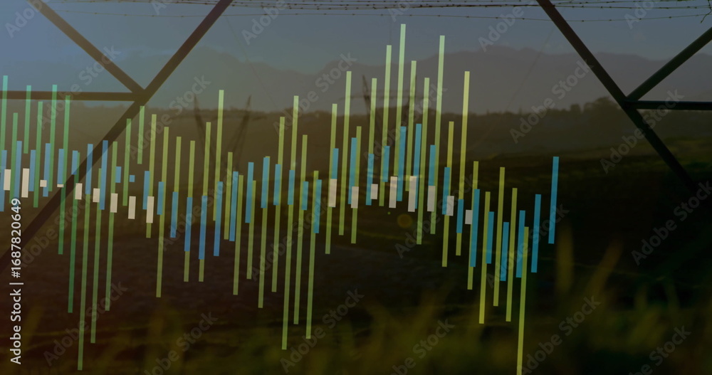 Fototapeta premium Displaying green and blue equalizer bars overlaying farmland at dawn with pivot irrigation truss