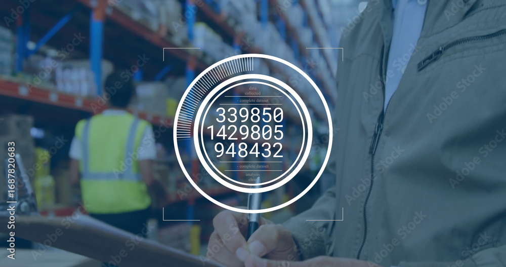 Obraz premium Inspecting warehouse worker in jacket holding clipboard scanning racks with HUD overlay, copy space