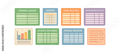 Accounting and finance icon set. essential flat icons collection for business management