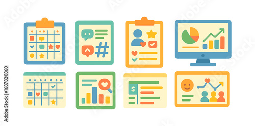 Social media, analytics flat icon set for marketing and engagement insights