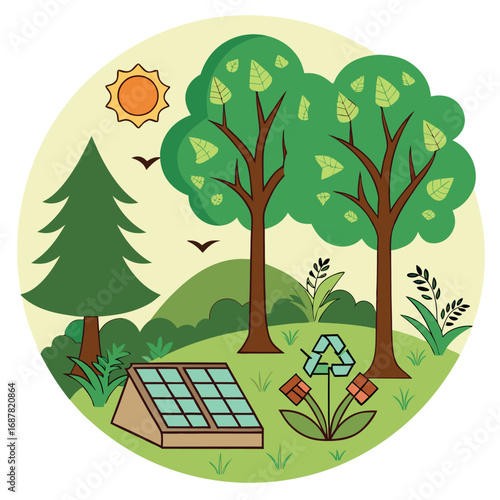 Lush green tree illustration with leaves and grass in a sunny park landscape
