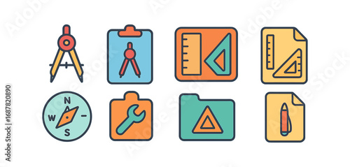 School, education outline icon set: geometry, compass, supplies, stationery graphics