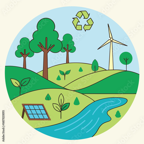 Green energy concept of a wind turbine on a summer meadow, a beautiful landscape with a clear sky, sun, and clouds