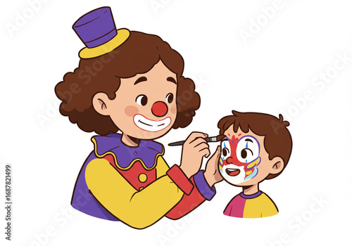 Clown Applying Facepaint to Kid with Brush Illustration