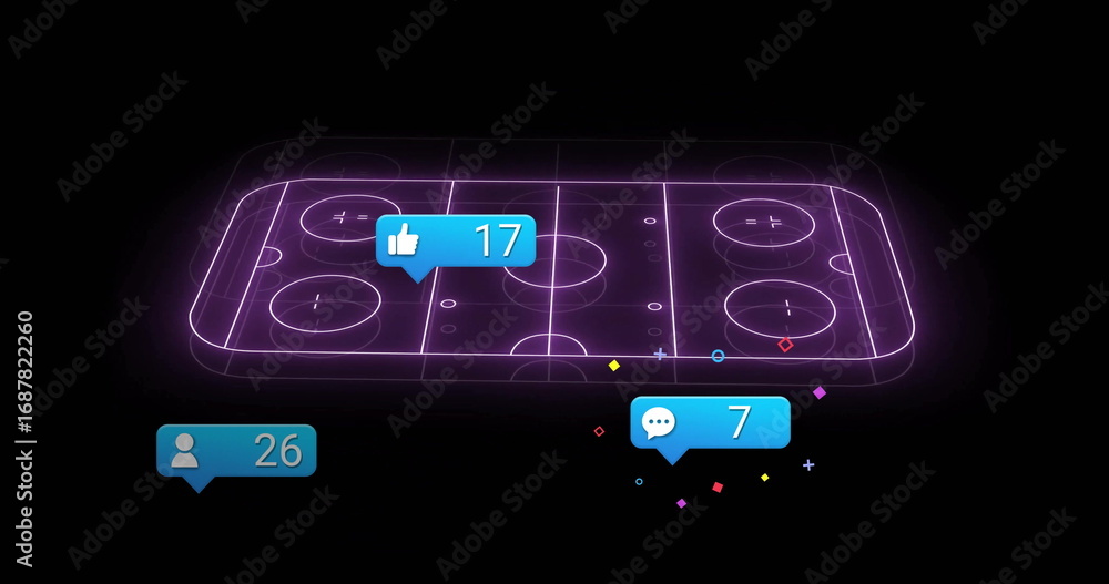 Naklejka premium Purple wireframe hockey board floating in digital void, with notification badges, confetti