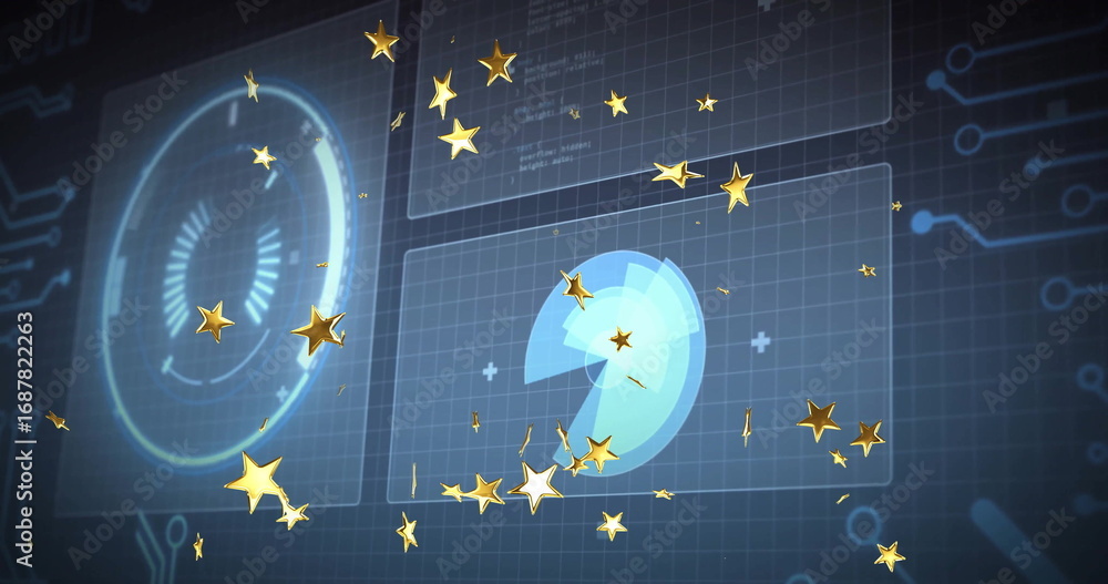 Fototapeta premium Drifting golden stars in virtual interface with gauge display pie-chart and circuit-grid motifs