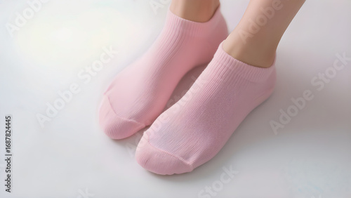 Legs wearing pink ribbed socks on a bright background. Clean studio shot.
