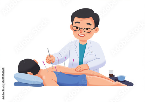 Doctor Giving Acupuncture Treatment to Patient Cartoon Style