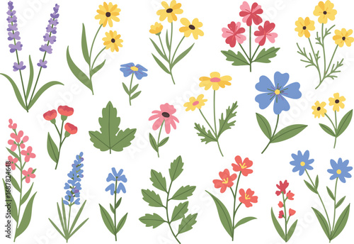 Vibrant watercolor wildflower meadow illustration with delicate blooms and greenery