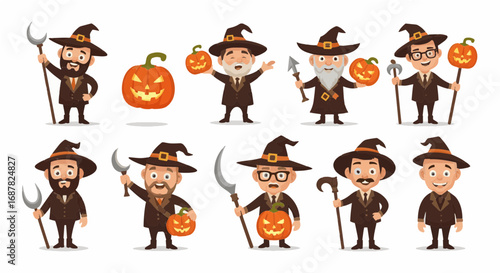 Collection of cartoon wizards and pumpkins