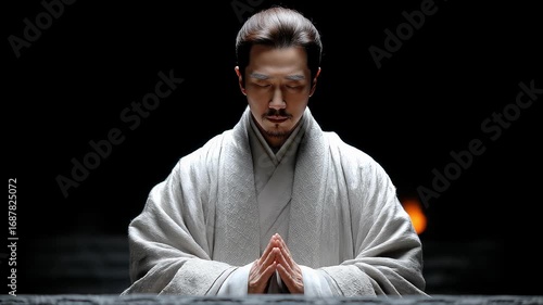 Meditator sits in meditation in the darkness