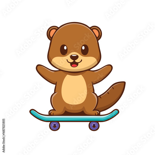 A playful otter enjoying a fun ride on a skateboard. The illustration captures a joyful expression with the otter's arms outstretched, balancing on a blue skateboard.