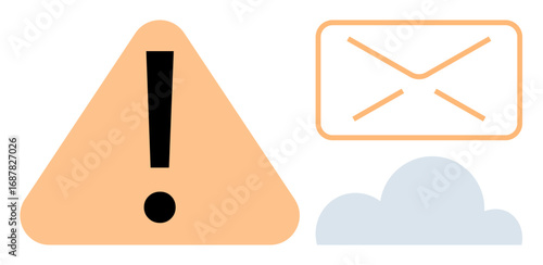 Warning symbol paired with an envelope and cloud graphic, conveying caution in email communication. Ideal for cybersecurity, spam, inbox management, email safety, threat detection, secure messaging