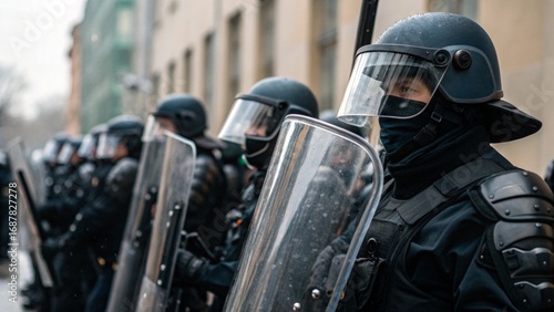 Close Up of Riot Police Forming Blockade with Shields and Helmets in Urban Street