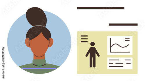Profile headshot with hairstyle next to a data dashboard featuring analytics, line chart, and textual elements. Ideal for user profile, analytics, identity, data management, HR, research