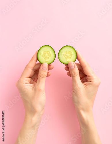 Hands holding cucumber slices on pink background