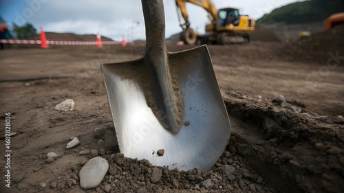 A shovel digging into the earth with construction equipment in the background. A shovel is deeply plunged into the soil.