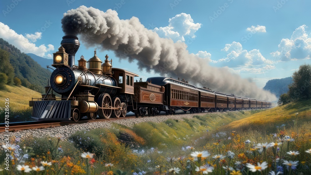 Obraz premium Vintage steam train through a field of wildflowers