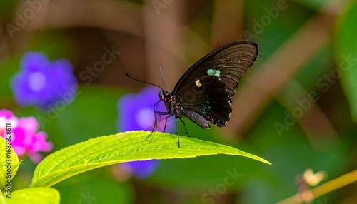Black butterfly on green leaf