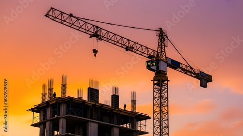 Construction crane silhouetted against a vibrant sunset sky, highlighting the building under construction 