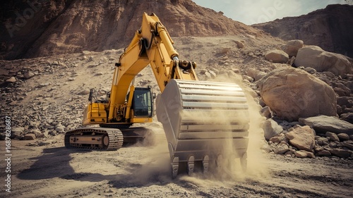 A heavy excavator works to excavate a gravel pit, demonstrating the power of modern construction equipment