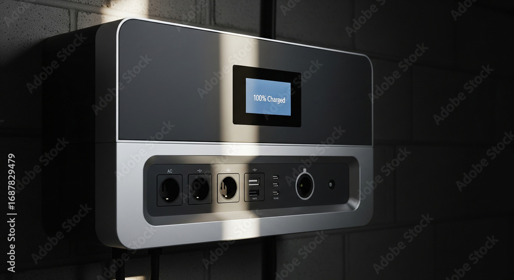 Obraz premium modern home battery system mounted on a garage wall