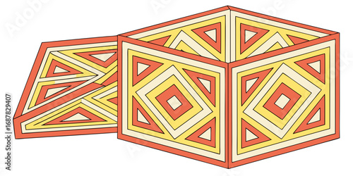 A decorative box with a lid featuring geometric patterns of triangles and squares in orange and yellow hues