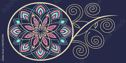 Circular mandala with pink and teal petals inside a gold circle and gold swirls on a dark blue background