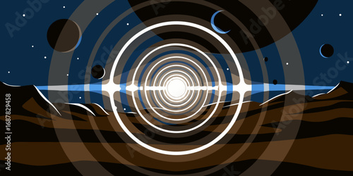 Abstract cosmic landscape with concentric circles planets and starry night sky illustration art