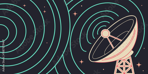 Illustration of a satellite dish transmitting signals with stars and concentric circles in the background