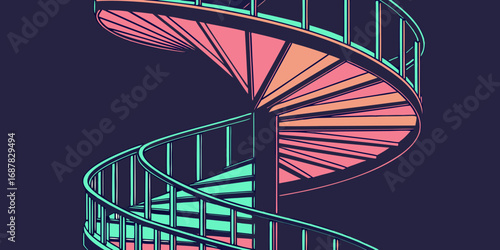 A captivating spiral staircase with vibrant pink and teal hues against a dark blue background artfully drawn