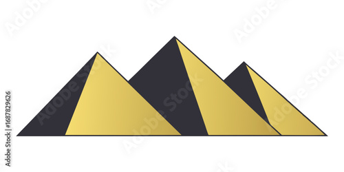 Illustration of three pyramids with gold and dark gray color scheme on a white background view from afar