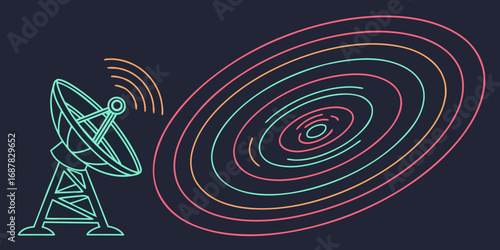 Illustration of a satellite dish transmitting signals with concentric circles in vibrant colors on dark ground