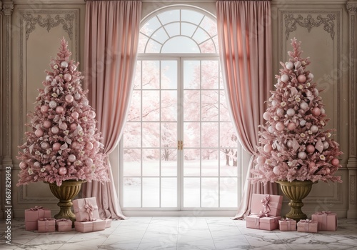 Elegant Christmas scene featuring two beautifully decorated pink Christmas trees, adorned with pink ornaments, ribbons, and delicate flowers. The trees are placed in ornate golden planters, with neatl