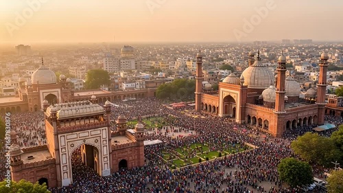 Aerial View of Red Brick Mosque Surrounded By Large Crowd Of People and Buildings During Sunset in Lahore Pakistan