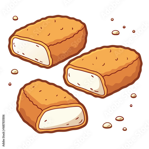 Three golden brown breaded fish sticks with white filling