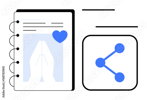 Notebook page with prayer hands and heart accompanied by a social sharing icon. Ideal for mindfulness, spirituality, sharing, digital apps, wellness, community, simple landing page