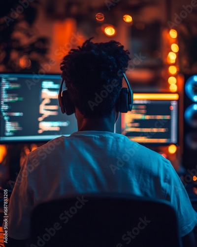 Person wearing headphones at a computer with code on the screen in a dimly lit room at night time