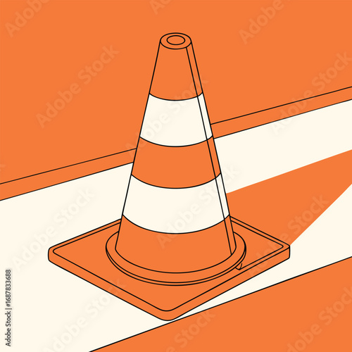 Orange and white traffic cone on a road with white lines