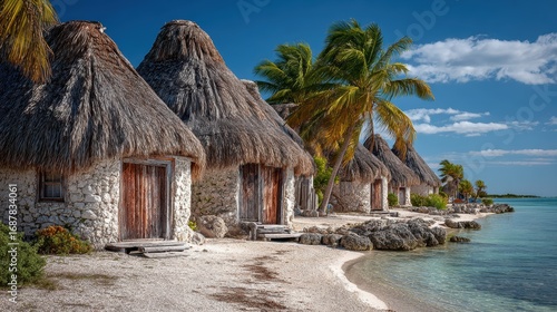 Serene tropical bungalows nestled on a pristine beach with clear turquoise waters and lush palm trees under a vibrant blue sky.