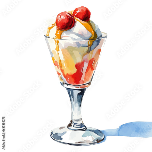 watercolor vector of Ice Cream Sundae, isolated on a white background.
