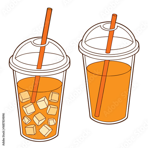 Two refreshing orange drinks with straws and ice in clear plastic cups