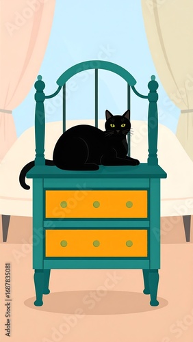 Black cat on teal nightstand