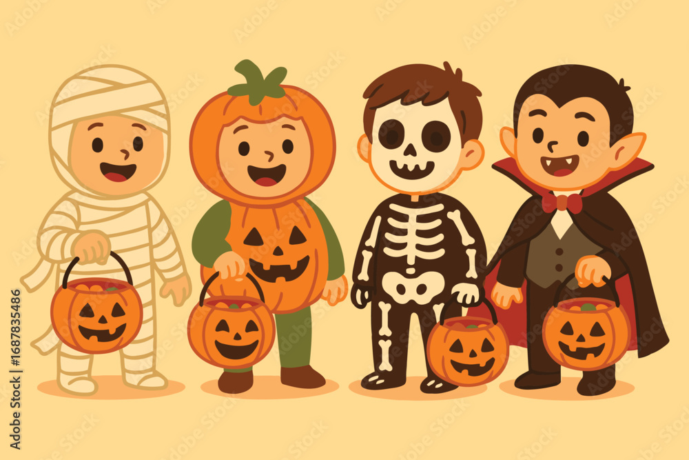 Naklejka premium Happy halloween kids in classic costumes holding treat bags